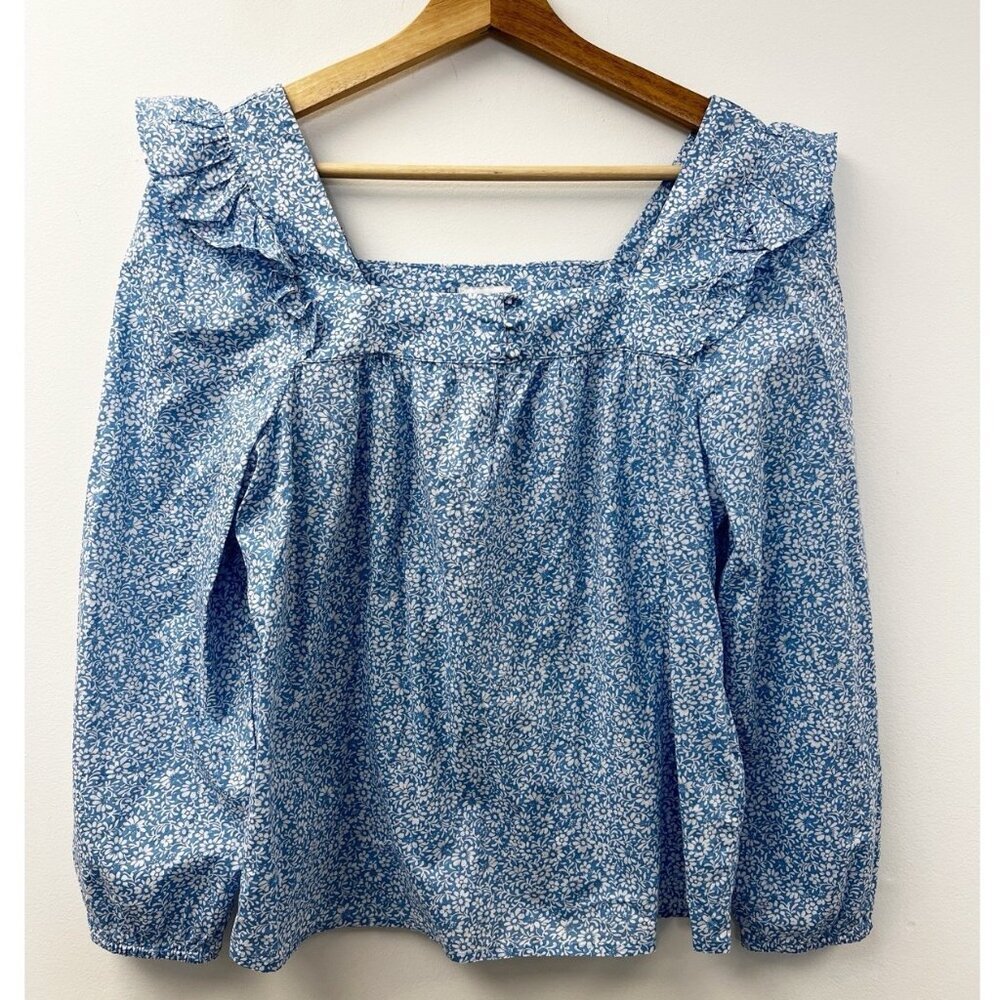 J.Crew Blue Cotton Floral Squareneck Ruffle Top peasant Cottage Core Cottagecore - Picture 12 of 12